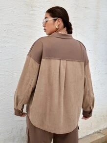 SHEIN EZwear 大碼雙色落肩袖燈芯絨大衣 - 卡其色 - 查看 2