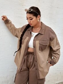 SHEIN EZwear 大碼雙色落肩袖燈芯絨大衣 - 卡其色 - 查看 5