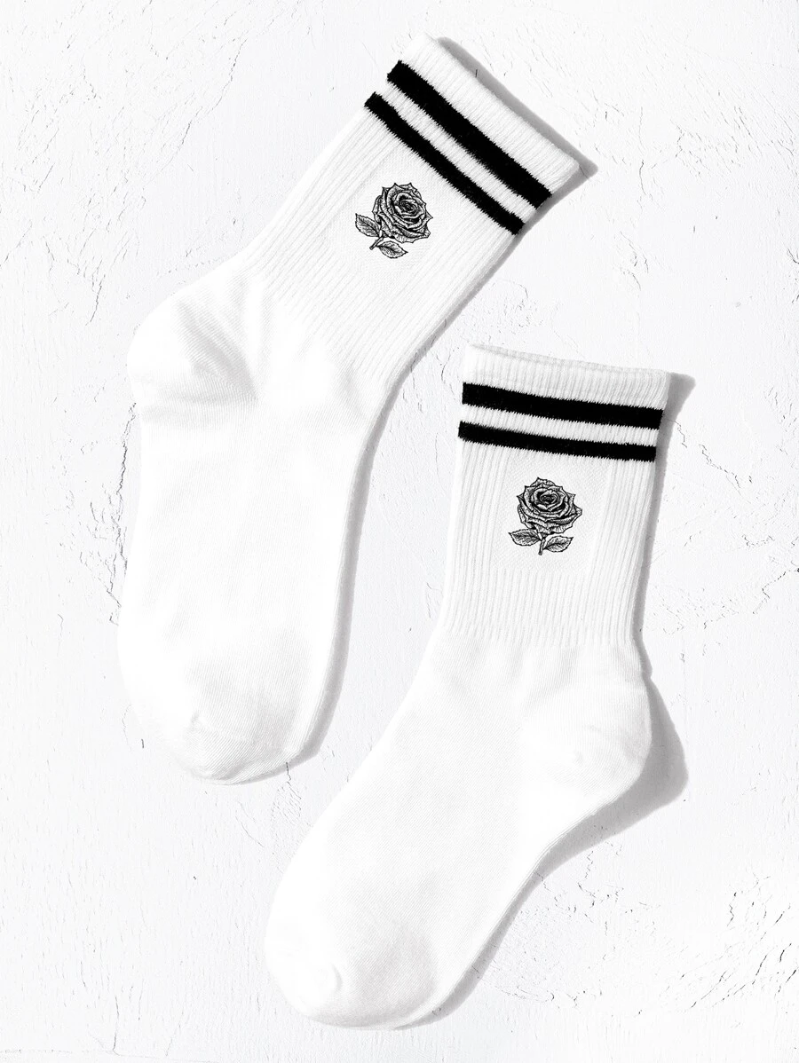 Calcetines de tripulación de rayas & floral - Blanco - Ver 1