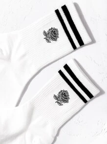 Calcetines de tripulación de rayas & floral - Blanco - Ver 2