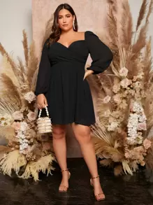 SHEIN Privé Plus Lantern Sleeve Overlap Collar Dress - Black - View 3