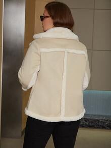 Eilly Bazar Plus Double Breasted Teddy Lined Jacket - Beige - View 2