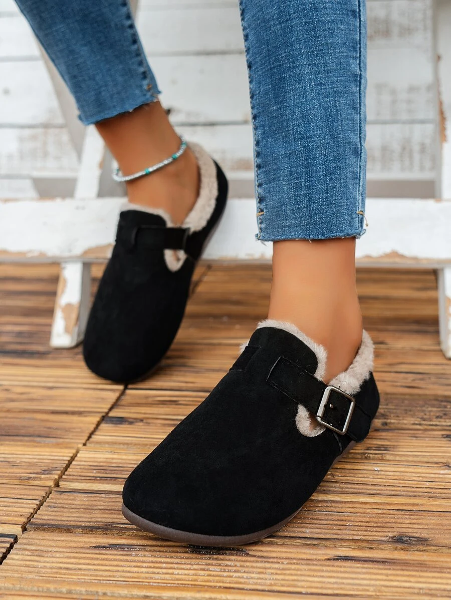 Botas de nieve sintética con diseño de hebilla con forro teddy - Negro - Ver 1