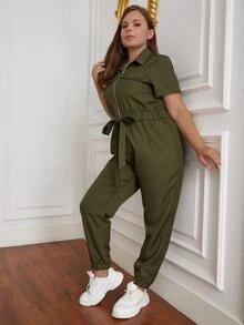 Eilly Bazar Plus Flap Pocket Knot Front Jumpsuit - Army Green - View 3
