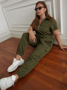 Eilly Bazar Plus Flap Pocket Knot Front Jumpsuit - Army Green - View 5