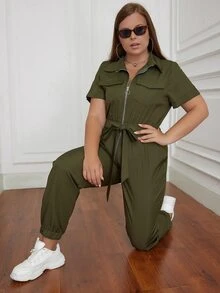Eilly Bazar Plus Flap Pocket Knot Front Jumpsuit - Army Green - View 6