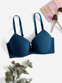 Plus Size Casual Teal Blue Medium Stretch Plain Fabric Bow Detail Bra - Teal Blue - View 1