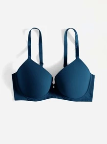 Plus Size Casual Teal Blue Medium Stretch Plain Fabric Bow Detail Bra - Teal Blue - View 3