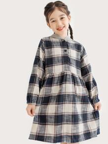 Girls Plaid Print Button Front Hooded Dress