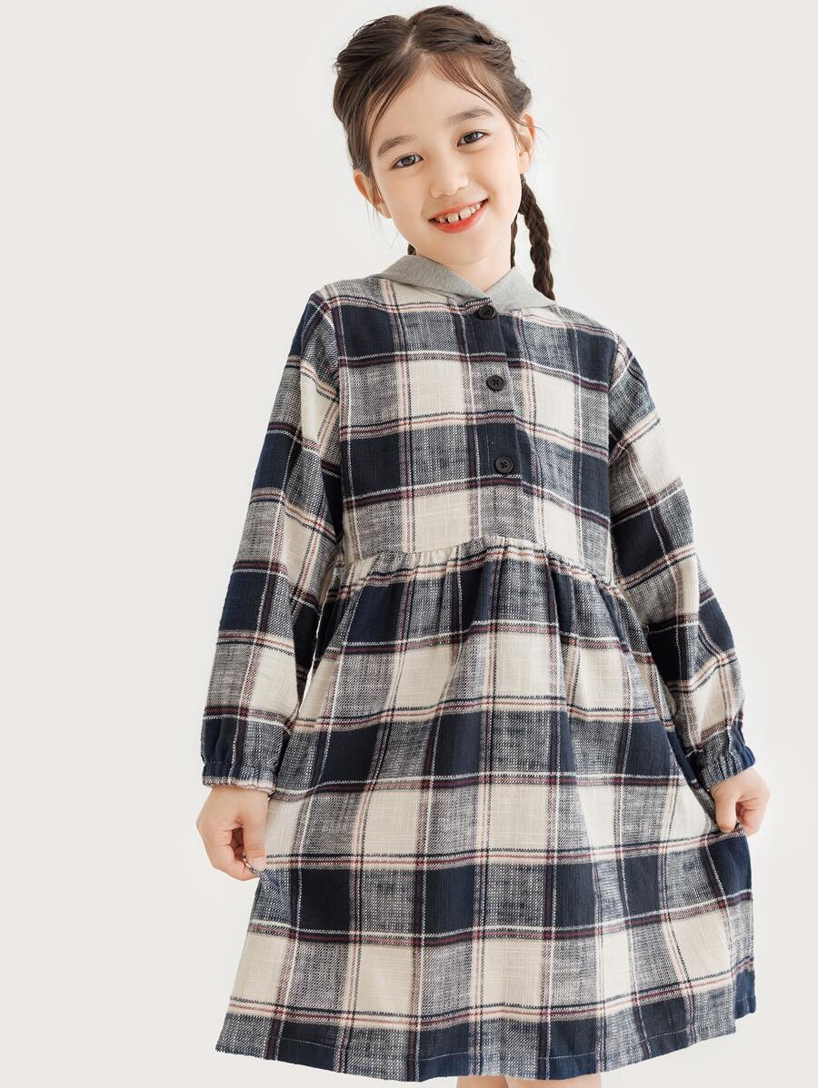 Girls Plaid Print Button Front Hooded Dress