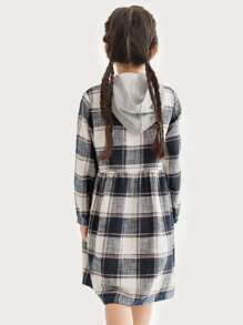 Girls Plaid Print Button Front Hooded Dress
