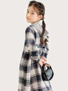Girls Plaid Print Button Front Hooded Dress