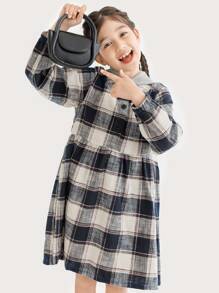 Girls Plaid Print Button Front Hooded Dress