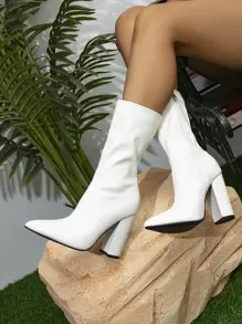 Fall/Winter Elegant White Solid Color Women's Fashionable Boots With Side Zipper, Pointed Toe & Chunky Heels - White - View 1