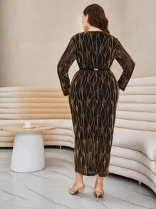 Modelyn Plus Allover Print Split Thigh Dress Without Belt - Coffee Brown - View 2