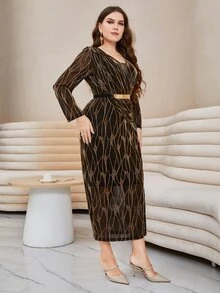 Modelyn Plus Allover Print Split Thigh Dress Without Belt - Coffee Brown - View 4