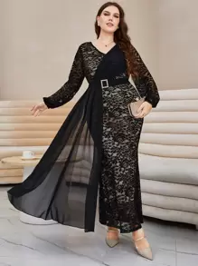 Modelyn Plus Contrast Mesh Overlay Belted Lace Dress - Black - View 1