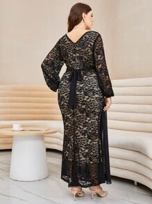 Modelyn Plus Contrast Mesh Overlay Belted Lace Dress - Black - View 2
