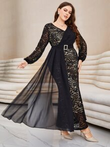 Modelyn Plus Contrast Mesh Overlay Belted Lace Dress - Black - View 3