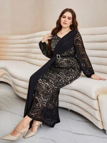 Modelyn Plus Contrast Mesh Overlay Belted Lace Dress - Black - View 5