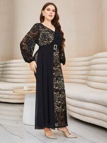 Modelyn Plus Contrast Mesh Overlay Belted Lace Dress - Black - View 6
