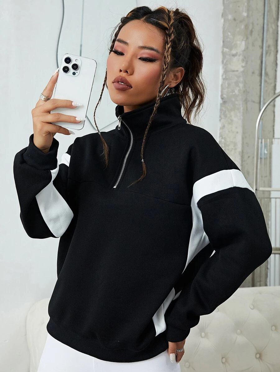 SHEIN EZwear Áo nỉ Panel Tương phản Một nửa khóa kéo - màu đen - Xem 1