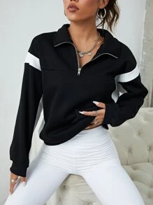 SHEIN EZwear Áo nỉ Panel Tương phản Một nửa khóa kéo - màu đen - Xem 3