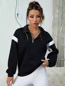 SHEIN EZwear Áo nỉ Panel Tương phản Một nửa khóa kéo - màu đen - Xem 6