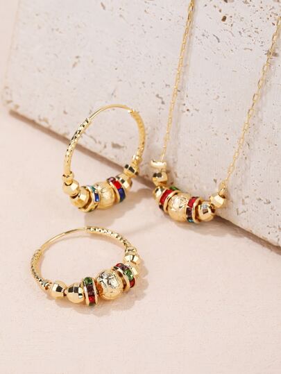3Pcs Elegant Beaded Rhinestone Necklace And Hoop Earrings Women Jewelry Sets