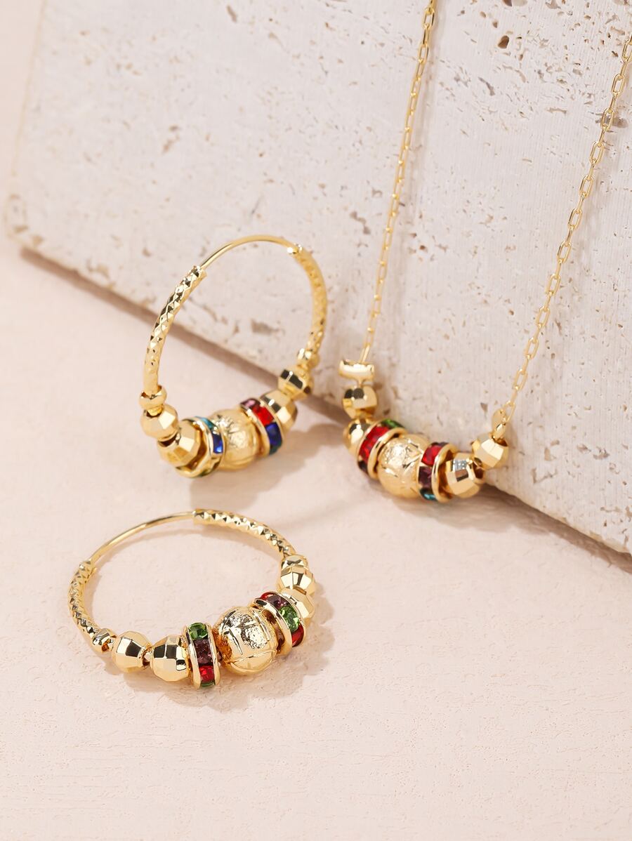 3Pcs Elegant Beaded Rhinestone Necklace And Hoop Earrings Women Jewelry Sets - Yellow Gold - View 1