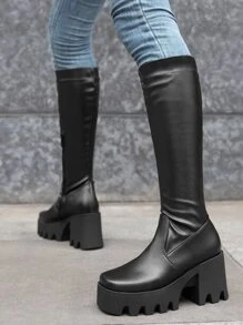 Elegant Black Sock Boots For Women, Zipper Side Platform Chunky Heeled Boots - Black - View 2