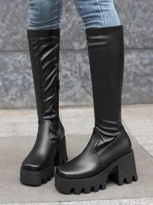 Elegant Black Sock Boots For Women, Zipper Side Platform Chunky Heeled Boots - Black - View 4