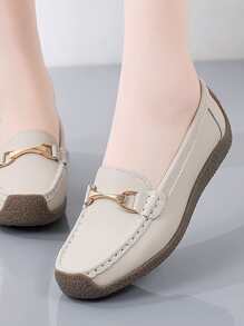 金屬裝飾針腳細節平底樂福鞋 - 杏色 - 查看 4