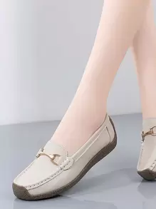 金屬裝飾針腳細節平底樂福鞋 - 杏色 - 查看 5