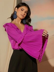 SHEIN Privé Ruffle Trim Flounce Sleeve Blouse - Purple - View 3