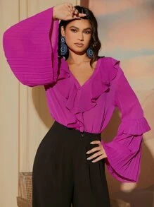 SHEIN Privé Ruffle Trim Flounce Sleeve Blouse - Purple - View 4