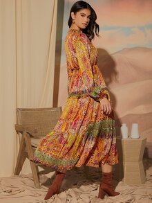 SHEIN VCAY 滿版印花繫帶領燈籠袖連衣裙不附腰帶 - 彩色 - 查看 2