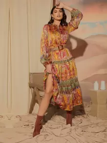 SHEIN VCAY 滿版印花繫帶領燈籠袖連衣裙不附腰帶 - 彩色 - 查看 4