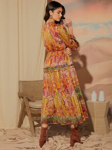 SHEIN VCAY 滿版印花繫帶領燈籠袖連衣裙不附腰帶 - 彩色 - 查看 6