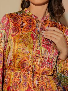 SHEIN VCAY 滿版印花繫帶領燈籠袖連衣裙不附腰帶 - 彩色 - 查看 7