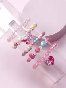 5pcs/Set Girls' Butterfly & Heart Charm Beaded Bracelet Jewelry Set, Random Color, Children Gift