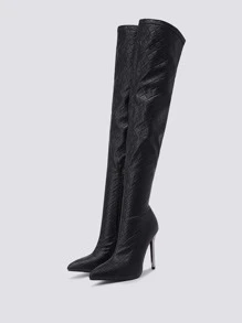 Women's Pointed Toe Side Zipper Design Fashion High Heel Over-The-Knee Elastic Boots - Black - View 4