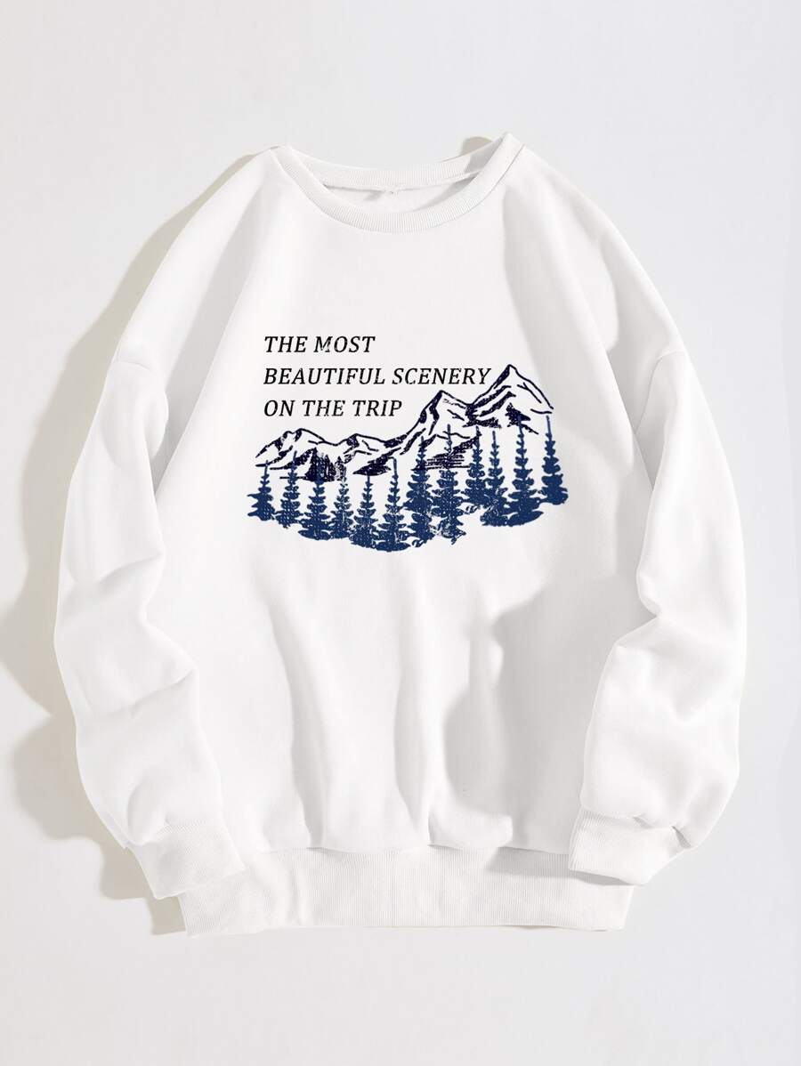 SHEIN EZwear Slogan & Mountain Print Thermal Pullover - White - View 1