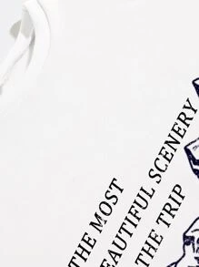 SHEIN EZwear Slogan & Mountain Print Thermal Pullover - White - View 8