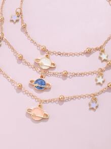 3pcs/Set Girls' Planet & Star Oil Drop Chain Bracelets, Asymmetrical Handmade - Multicolor - View 6
