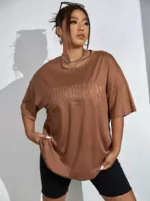 SHEIN EZwear 大碼字母壓紋落肩T恤 - 棕色 - 查看 3