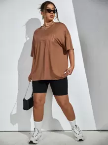 SHEIN EZwear 大碼字母壓紋落肩T恤 - 棕色 - 查看 5