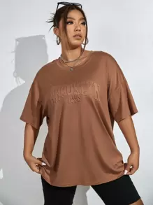 SHEIN EZwear 大碼字母壓紋落肩T恤 - 棕色 - 查看 6