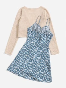 ROMWE Kawaii 2pcs/Set Women Ditsy Floral Mini Dress With Short Jacket - Multicolor - View 2