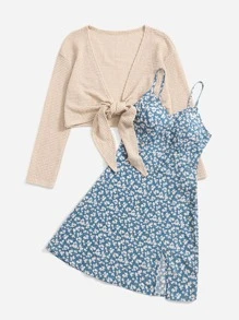 ROMWE Kawaii 2pcs/Set Women Ditsy Floral Mini Dress With Short Jacket - Multicolor - View 4